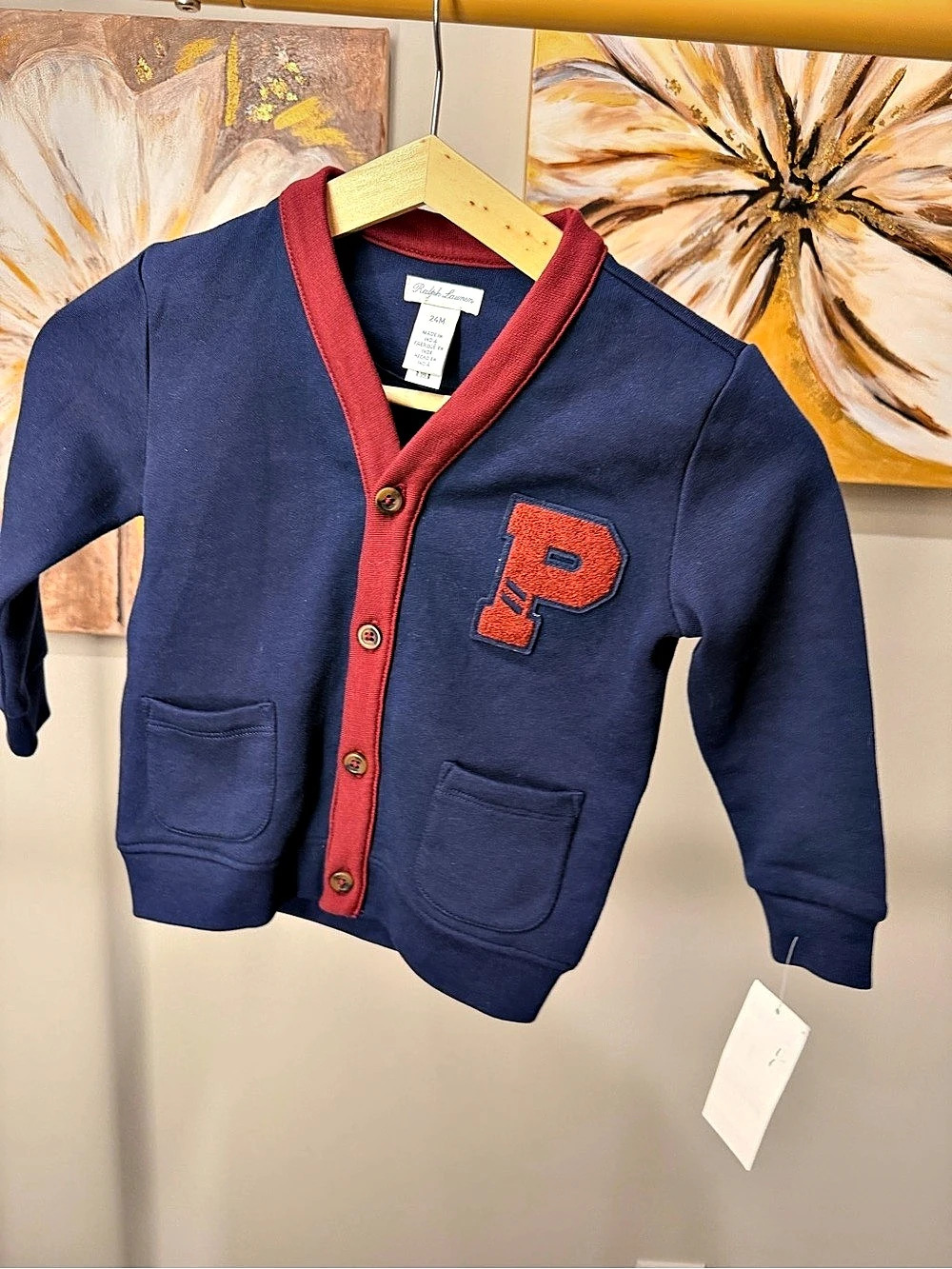 Ralph Lauren Fleece Letterman V-Neck Cardigan Baby 24M Navy & Red